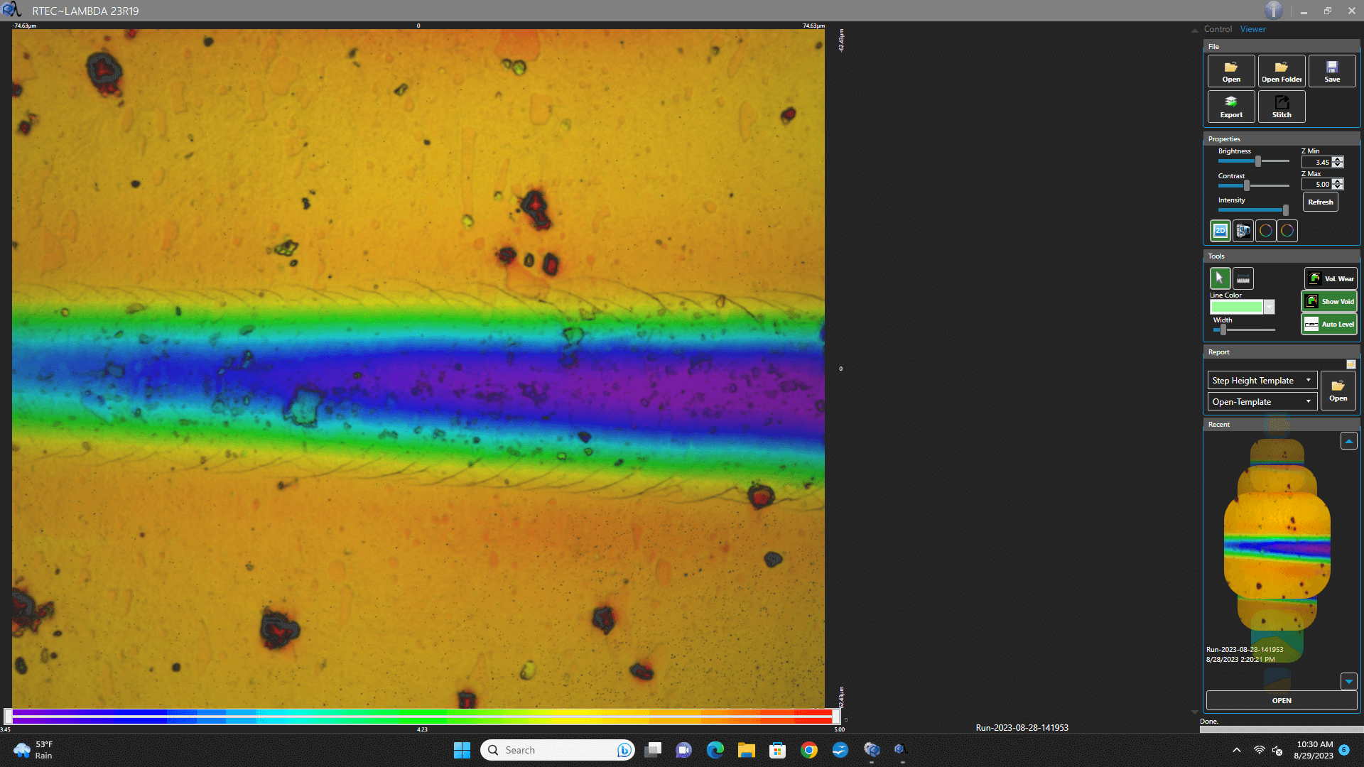 Imagen 2D de huella de rallado con perfilómetro RTEC